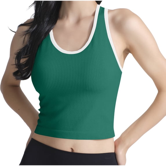 Womens Shelf Bra Tank Tops Racerback Sleeveless Colorblock Ribbed Workout Cropped Yoga Tee Shirt Undershirt (XS, Green)