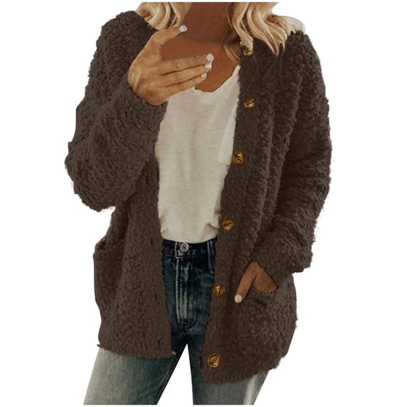 Womens Sherpa Cardigan Sweaters Teddy Soft Cozy Long Sleeve Button Down Fleece Jacket With Pockets Fall Winter