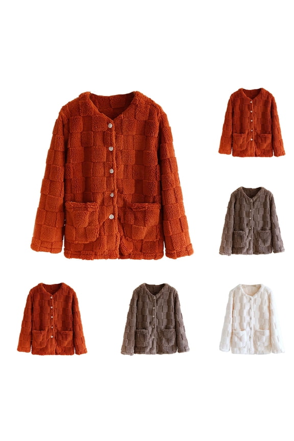Womens Sherpa Coats Button V Neck Coat Fleeced Lined Jacket Plush Check Pattern Jackets Fall Winter Causal Loungewear Warm Solid Color Outerwear with Pockets