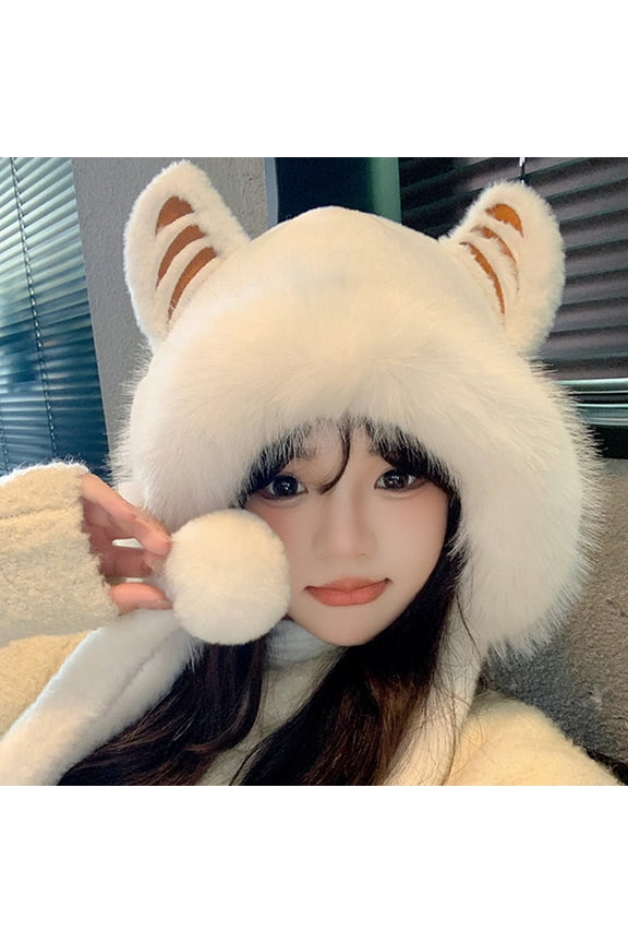 Womens Sherpa Earflap Bear Ear Hat Cute Classic Fleece Lined Caps Snow Headwear Outdoor White One Size