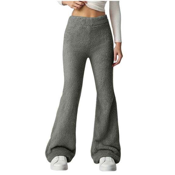 Womens Sherpa Flare Pants Warm Fleece Lined Elastic High Waist Trousers Loose Comfortable Plus Velvet Padded Pant Gray S