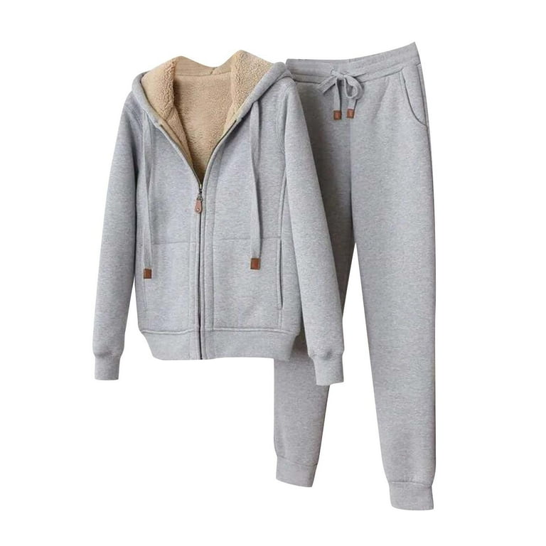 Womens Sherpa Fleece 2 Piece Outfits Fuzzy Warm Coat Jogger Set Zip up Jacket Outwear and Elastic Sports Pants Medium Gray
