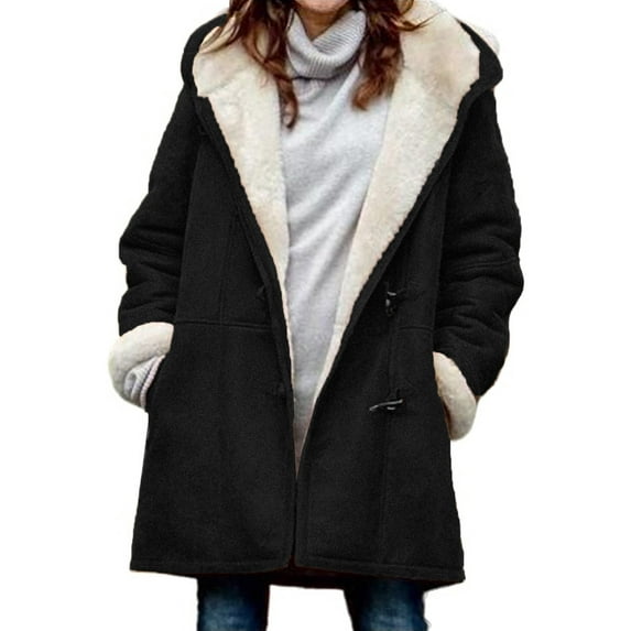Womens Sherpa Fleece Coats Long Sleeve Lapel Collar Coat Button Down Hooded Outerwear with Pocket