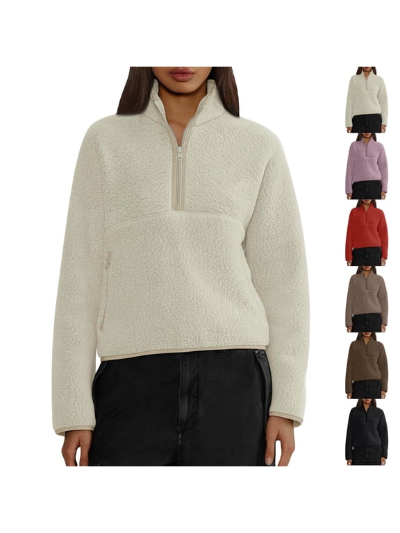 Womens Sherpa Fleece Cropped Jacket, Quarter Zip Stand Collar Pullover, Fuzzy Long Sleeve Sweatshirt with Pockets for Fall Winter