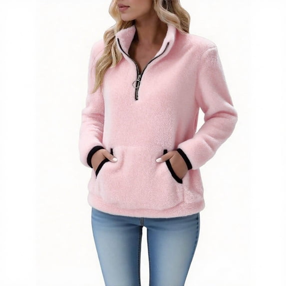 Womens Sherpa Fleece Fuzzy Sweatshirt Quarter Zip Long Sleeve Fluffy Soft Sweaters Winter Pullover with Pockets