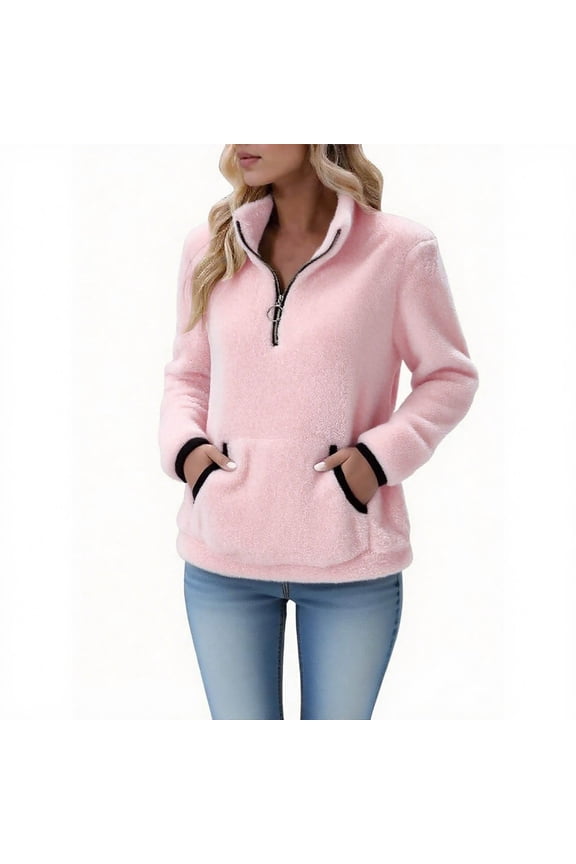 Womens Sherpa Fleece Fuzzy Sweatshirt Quarter Zip Long Sleeve Fluffy Soft Sweaters Winter Pullover with Pockets