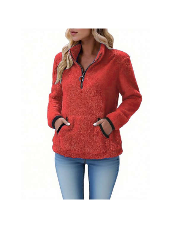 Womens Sherpa Fleece Fuzzy Sweatshirt Quarter Zip Long Sleeve Fluffy Soft Sweaters Winter Pullover with Pockets