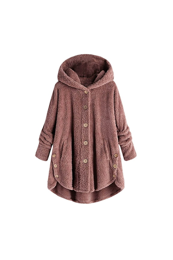 Womens Sherpa Fleece Hoodie Outerwear Plus Size Winter Coats Button Up Plush Warm Hooded Loose Cardigan Sweater