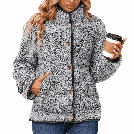 WQD Women's Fleece Jacket Sherpa Teddy Fleece Coat Button Front Warm Outerwear with Pockets Stand Collar for Fall Winter