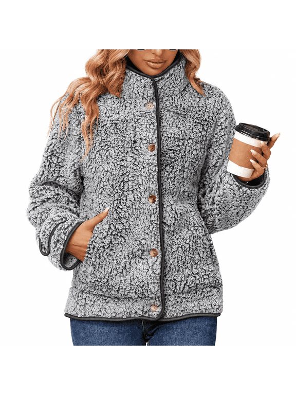 Women's Fleece Jacket Sherpa Teddy Fleece Coat Button Front Warm Outerwear with Pockets Stand Collar for Fall Winter