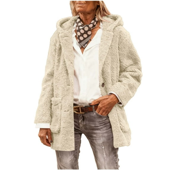 Womens Sherpa Fleece Jacket Hooded Fuzzy Warm Winter Coats with Pockets Faux Shearling Fluffy Outerwear (S, Beige)