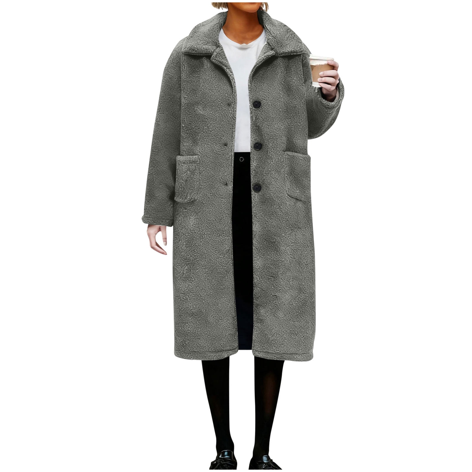 Womens Sherpa Fleece Jacket Single Breasted Lapel Faux Fur Shaggy