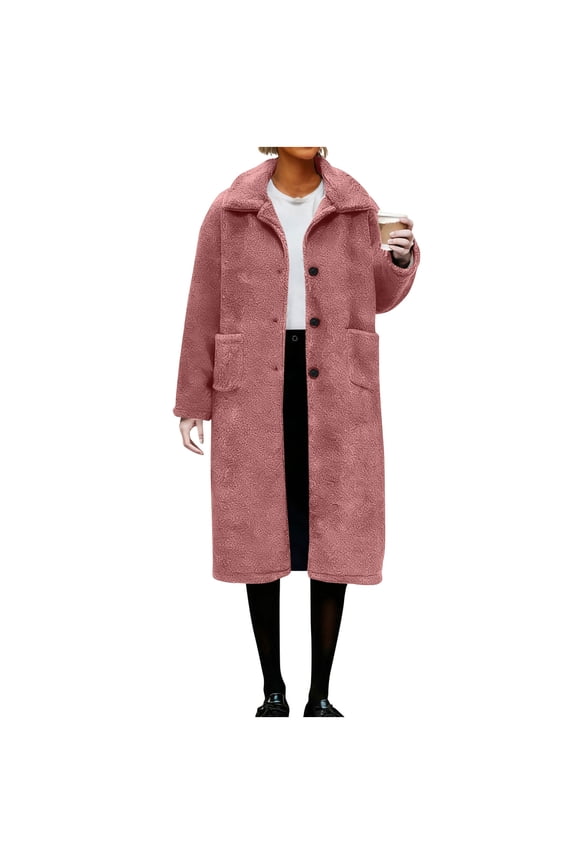 Womens Sherpa Fleece Jacket Single Breasted Lapel Faux Fur Shaggy Mid Long Trench Coat with Pockets Winter Overcoat (XL, Pink)