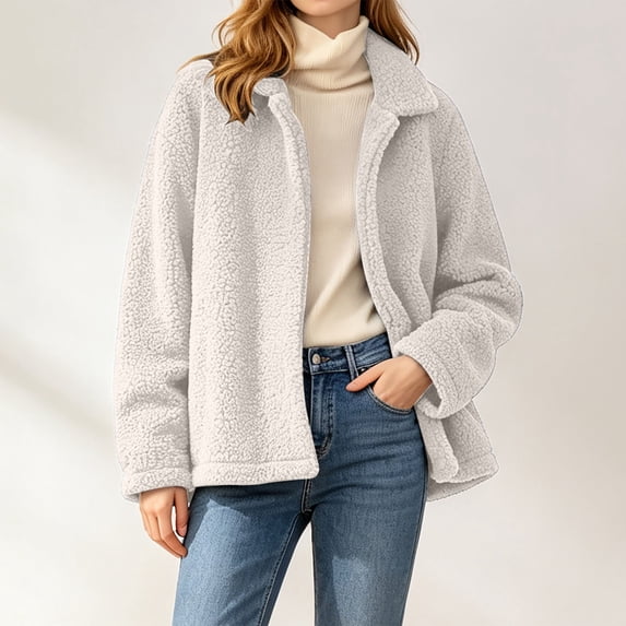 Womens Sherpa Jacket Winter Warm Soft Jacket Soft, Cozy, Long Sleeve, Pockets, Winter Wear, Casual (White L)