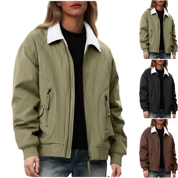 Womens Sherpa Fleece Lined Bomber Jacket Full Zip Casual Loose Fit Flight Overcoat with Pockets for Fall Outerwear Daily Streetwear, Army Green, XXL