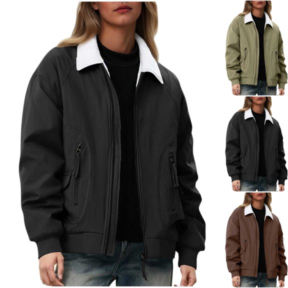 Womens Sherpa Fleece Lined Bomber Jacket Full Zip Casual Loose Fit Flight Overcoat with Pockets for Fall Outerwear Daily Streetwear, Black, 3XL