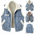 thumbnail image 1 of Womens Sherpa Fleece Lined Denim Vest Lapel Coat Loose Sleeveless Wool Warm Jean Jacket Waistcoat Outwear with Pocket, 1 of 9