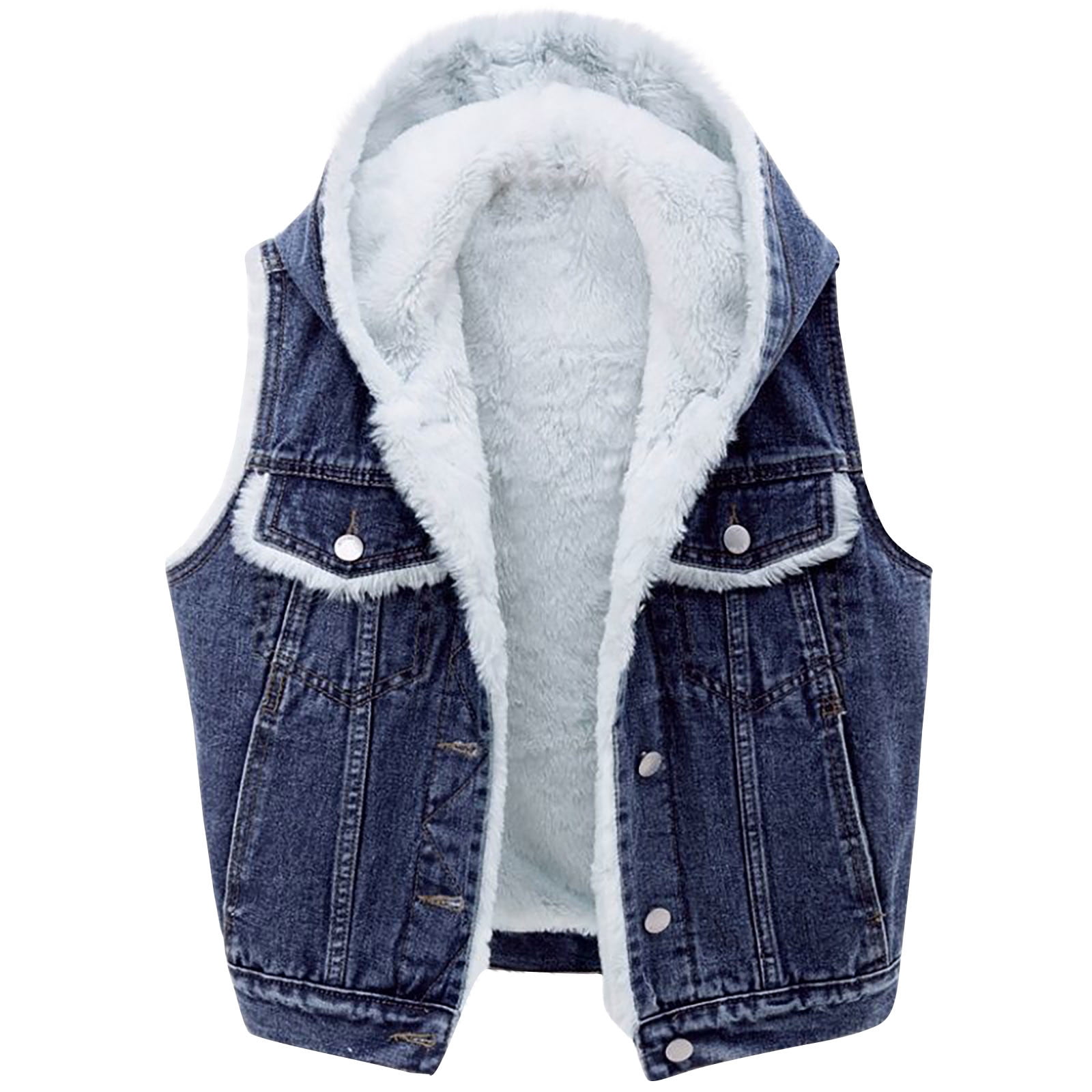 Womens Sherpa Fleece Lined Denim Vest Lapel Collar Coat Loose — free download