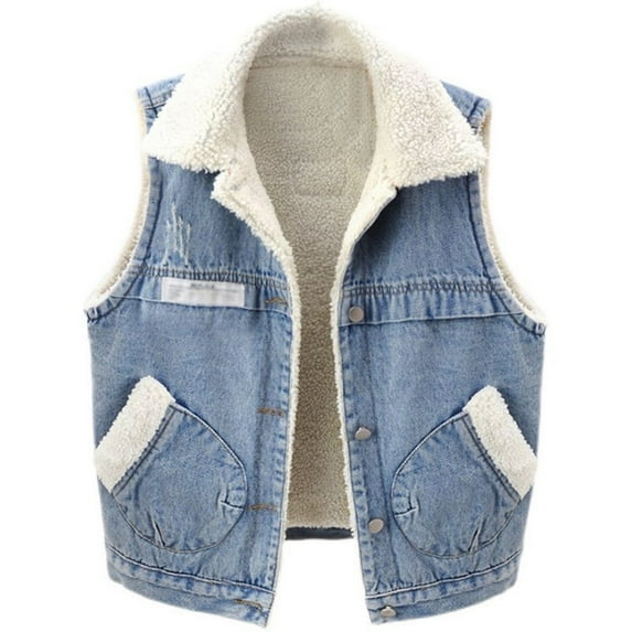 Womens Sherpa Fleece Lined Denim Vest Lapel Waistcoat Baggy Wool Warm Jean Gilet Jacket Coat with Pockets