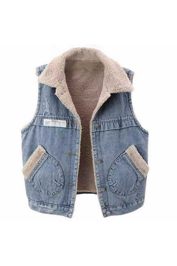 Womens Sherpa Fleece Lined Denim Vest Loose Sleeveless Wool Warm Jean Jacket Button down Outwear Gilet with Pockets