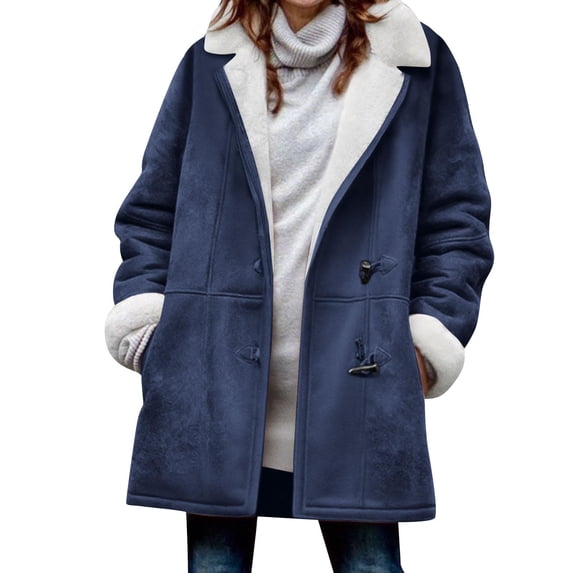 Womens Sherpa Fleece Lined Jacket Plus Size Winter Warm Coat Parka Faux Suede Pea Coat Outerwear with Pockets