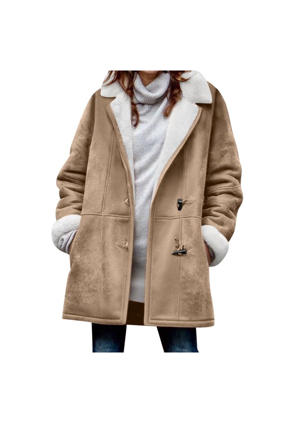 Womens Sherpa Fleece Lined Jacket Plus Size Winter Warm Coat Parka Faux Suede Pea Coat Outerwear with Pockets