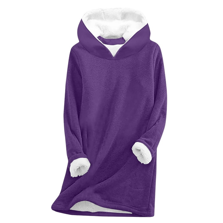 Womens Sherpa Fleece Lined Long Hoodie Tunic Top Full Sleeve Pullover  Sweater Thermal Thick Hooded Sweatshirts (Medium, Purple) 