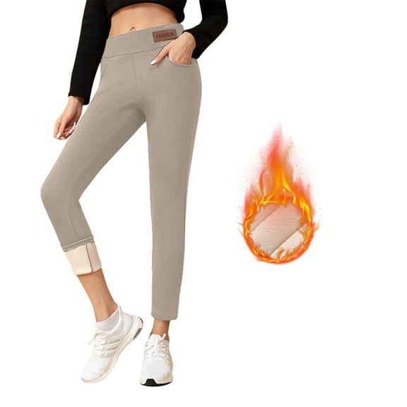 Womens Sherpa Fleece Lined Pants Winter Warm Thick Leggings Stretchy High Waisted Tights Warm Thermal Pants with Pockets Light Gray S