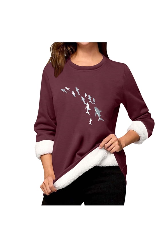 Womens Sherpa Fleece Lined Pullover Winter Warm Crew Neck Sweatshirt Cute Shark Plus Size Tops