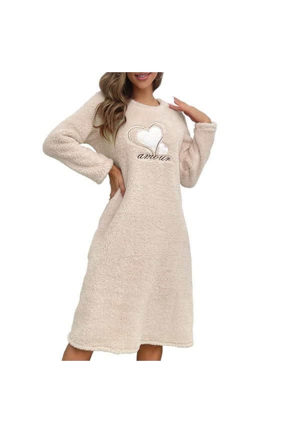 Womens Sherpa Fleece Nightdress Cute Heart Print Fuzzy Thermal Warm Pullover Pajama Dress Nightgown Soft Loose Daily Sleepwear
