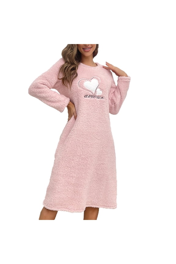 Womens Sherpa Fleece Nightdress Cute Heart Print Fuzzy Thermal Warm Pullover Pajama Dress Nightgown Soft Loose Daily Sleepwear