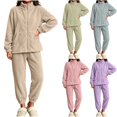 thumbnail image 1 of Womens Sherpa Fleece Pajamas Cozy Warm 2 Piece Fall Winter Outfits Soft Fluffy Loungewear Sets Mock Neck Zip Up Sweatshirt Jogger Pants with Pockets, Beige, M, 1 of 9