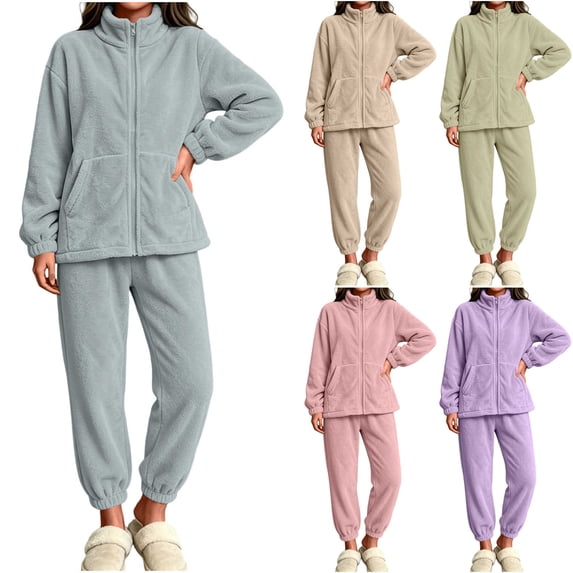 Womens Sherpa Fleece Pajamas Cozy Warm 2 Piece Fall Winter Outfits Soft Fluffy Loungewear Sets Mock Neck Zip Up Sweatshirt Jogger Pants with Pockets, Light Blue, M