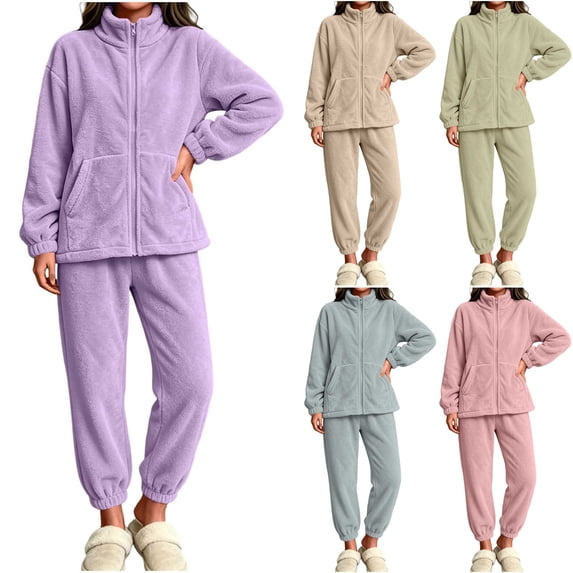 Womens Sherpa Fleece Pajamas Cozy Warm 2 Piece Fall Winter Outfits Soft Fluffy Loungewear Sets Mock Neck Zip Up Sweatshirt Jogger Pants with Pockets, Purple, S