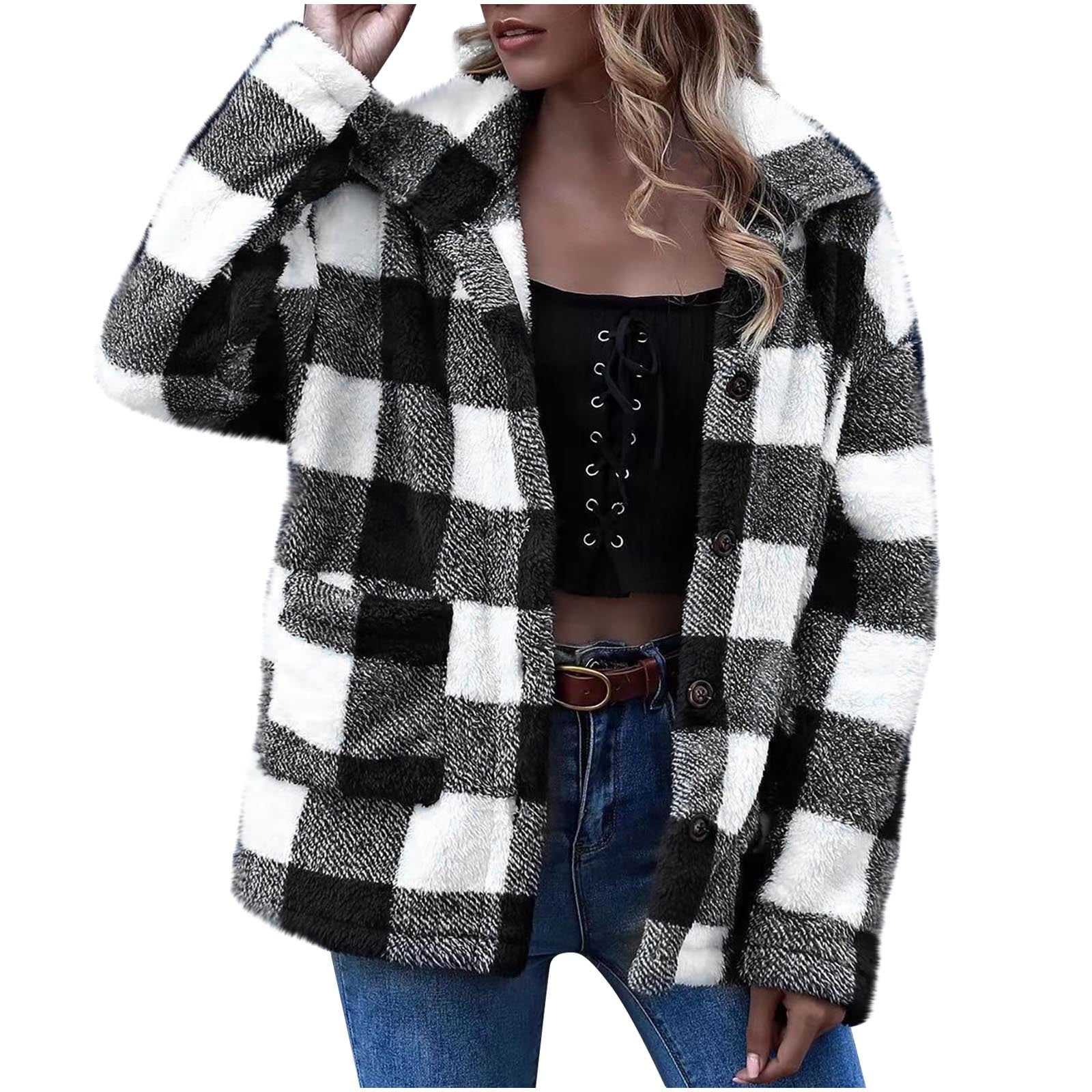 Womens Sherpa Fleece Plaid Jacket Button Down Jacket Long Sleeve Lapel