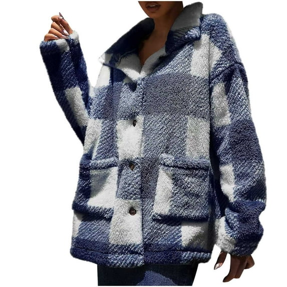Womens Sherpa Fleece Plaid Jacket Button Down Jacket Long Sleeve Lapel Collar Shacket with Pockets Coat Outerwear