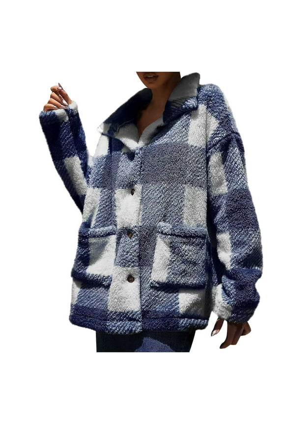 Womens Sherpa Fleece Plaid Jacket Button Down Jacket Long Sleeve Lapel Collar Shacket with Pockets Coat Outerwear