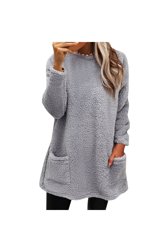 Womens Sherpa Fleece Pullover Plus Size Crewneck Fluffy Sweatshirts Winter Warm Loungewear Tops with Pocket Light Gray 2XL