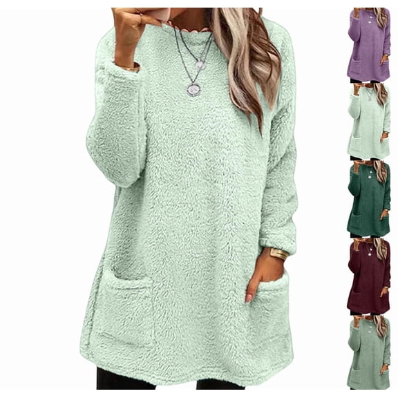 Womens Sherpa Fleece Pullover Plus Size Crewneck Fluffy Sweatshirts Winter Warm Loungewear Tops with Pockets Light Green S
