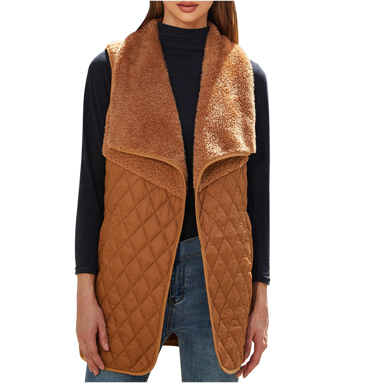 Womens Sherpa Fleece Quilted Vest Jacket Sleeveless Plush Lapel Collar Cardigan Open Front Warm Coat Outwear X Large Brown