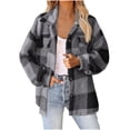 thumbnail image 1 of Womens Sherpa Fleece Shacket Casual Loose Plaid Lapel Fuzzy Shirt Jacket Lightweight Comfy Winter Warm Coat With Pocket, 1 of 5