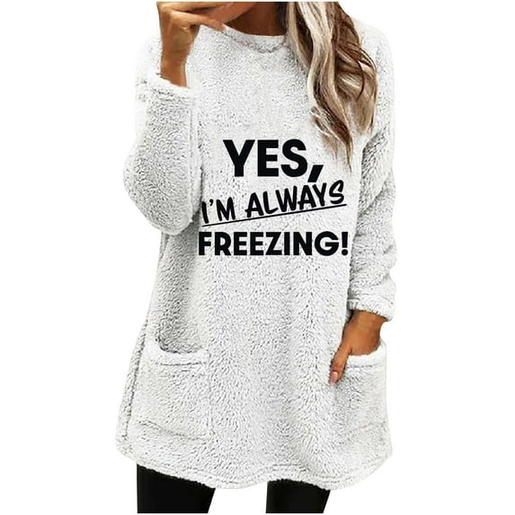 Womens Sherpa Fleece Tunic Tops Crew Neck Cozy Thermal Pullover Sweater Pockets Letter Print Long Tops for Leggings (XL, White)
