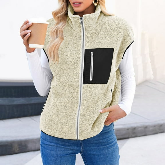 Womens Sherpa Fleece Vest Oversized Sleeveless Jacket Casual Full Zip Up Outerwear Gilet Stand Collar Fall Winter Outerwear with Pockets