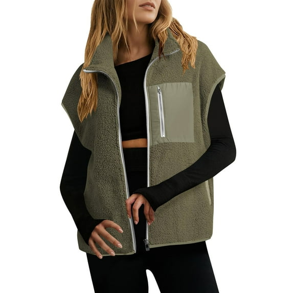 Womens Sherpa Fleece Vest Oversized Sleeveless Jacket Casual Full Zip Up Outerwear Gilet Stand Collar Fall Winter Outerwear with Pockets