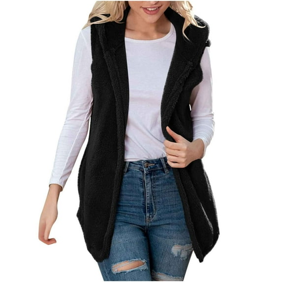 Womens Sherpa Fleece Vest Sleeveless Jacket Open Front Hooded Casual Fuzzy Warm Long Loose Outerwear Gilet Pockets S-2XL