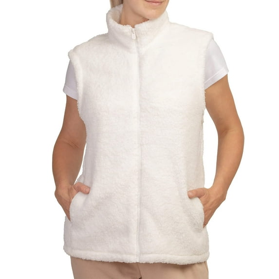 Womens Sherpa Fleece Zip Up Vest Sleeveless Jacket with Pockets, Ivory, Medium, 1 Pack
