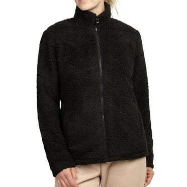 Womens Sherpa Fleece Zip Up Winter Jacket with Pockets, Black, Small, 1 Pack