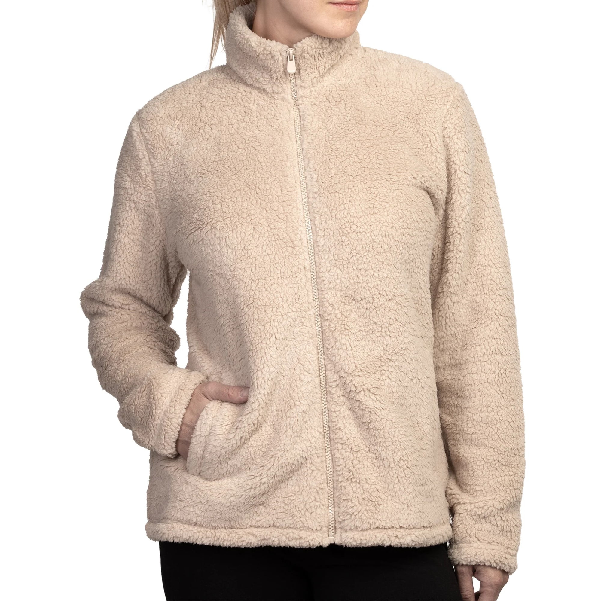 Trendy Ivory Sherpa Women's Fleece Jacket - Cozy Zip-Up Winter Coat for Ultimate Warmth