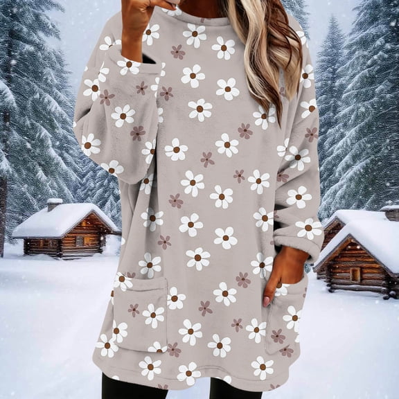 Womens Sherpa Fuzzy Sweatshirts Winter Warm Round Neck Blouses with Pocket Plush Long Sleeve Thick Sweatshirt Pullover Fashion Loose Casual Printed Top