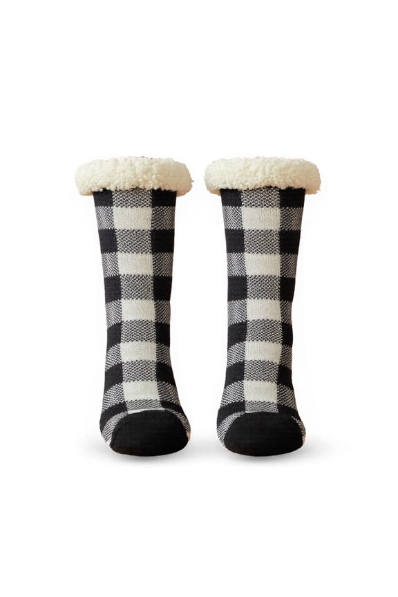 Womens Sherpa Fuzzy Winter Warm Non Skid Slip Slipper Crew Socks - 9-11, Checkered/Black/White, 1 Pair